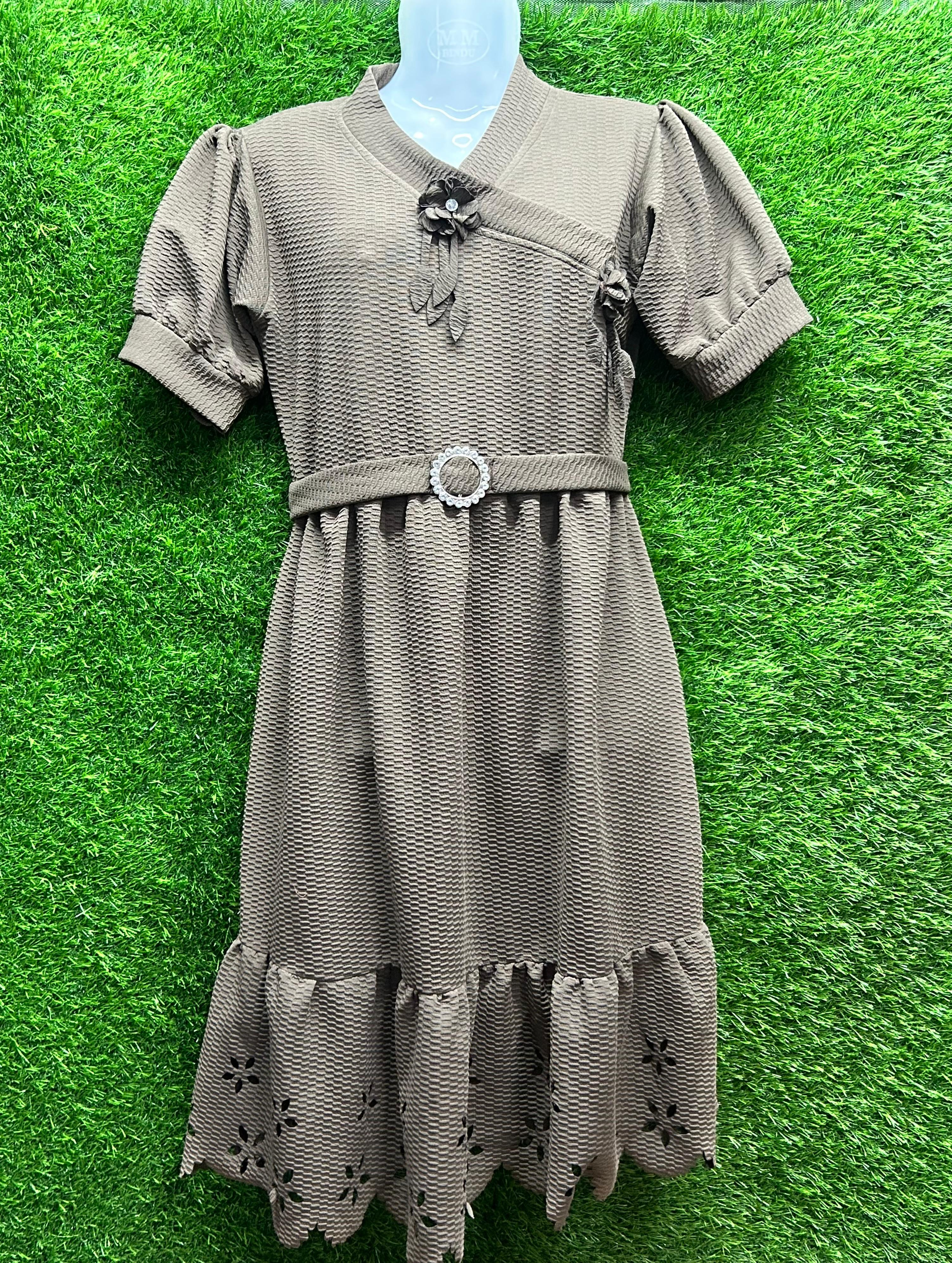 Women’s Chocolate Brown Textured Midi Dress with Floral Detail | Belted Western Dress